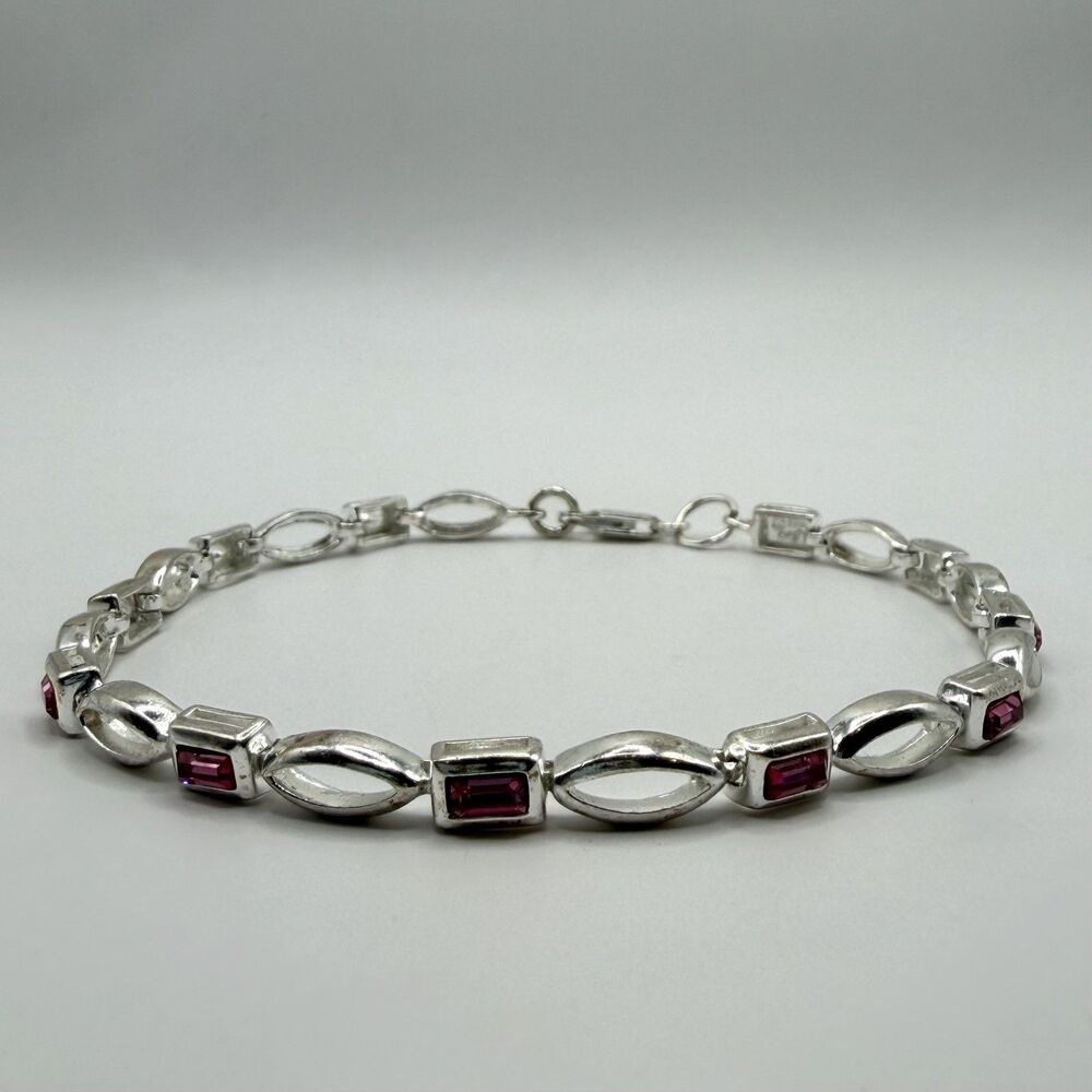 925 Sterling Silver Pink Red Gemstone Link Tennis Bracelet 8" 10g